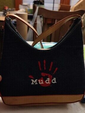 Mudd Denim Shoulder Bag with Red Handprint and Tan Trim